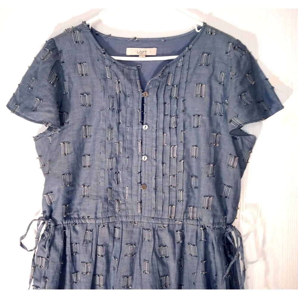 LOFT Sz L Dress Clip Pintucked Blue Cotton Chambray Cottagecore Sundress - Picture 6 of 7